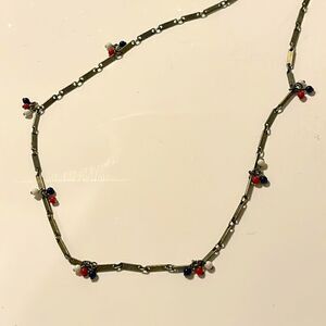Vintage Silver Tone Metal Link Necklace  with Red white Blue Beads 24”